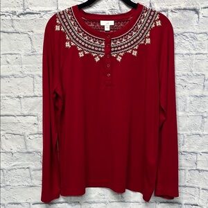 J. Jill Red Embroidered Long Sleeve Top
